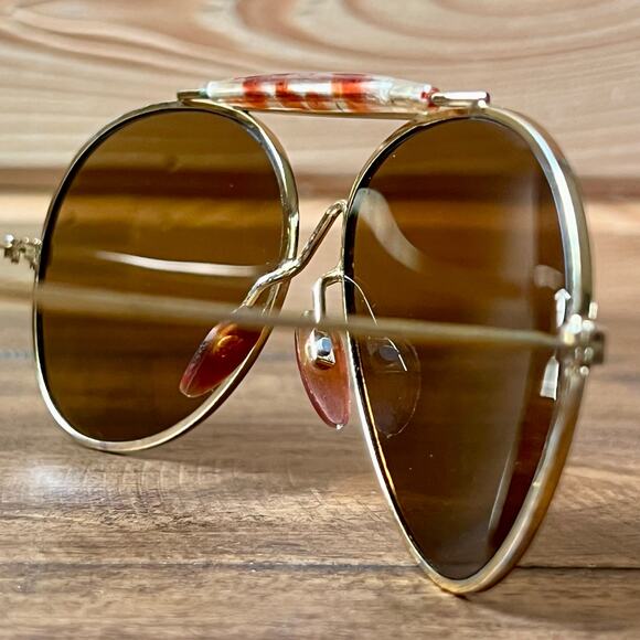 Vintage 70s Aviator Sunglasses Cable Temple Wrap Ear Gold Metal Frame Brown Lens main image 9